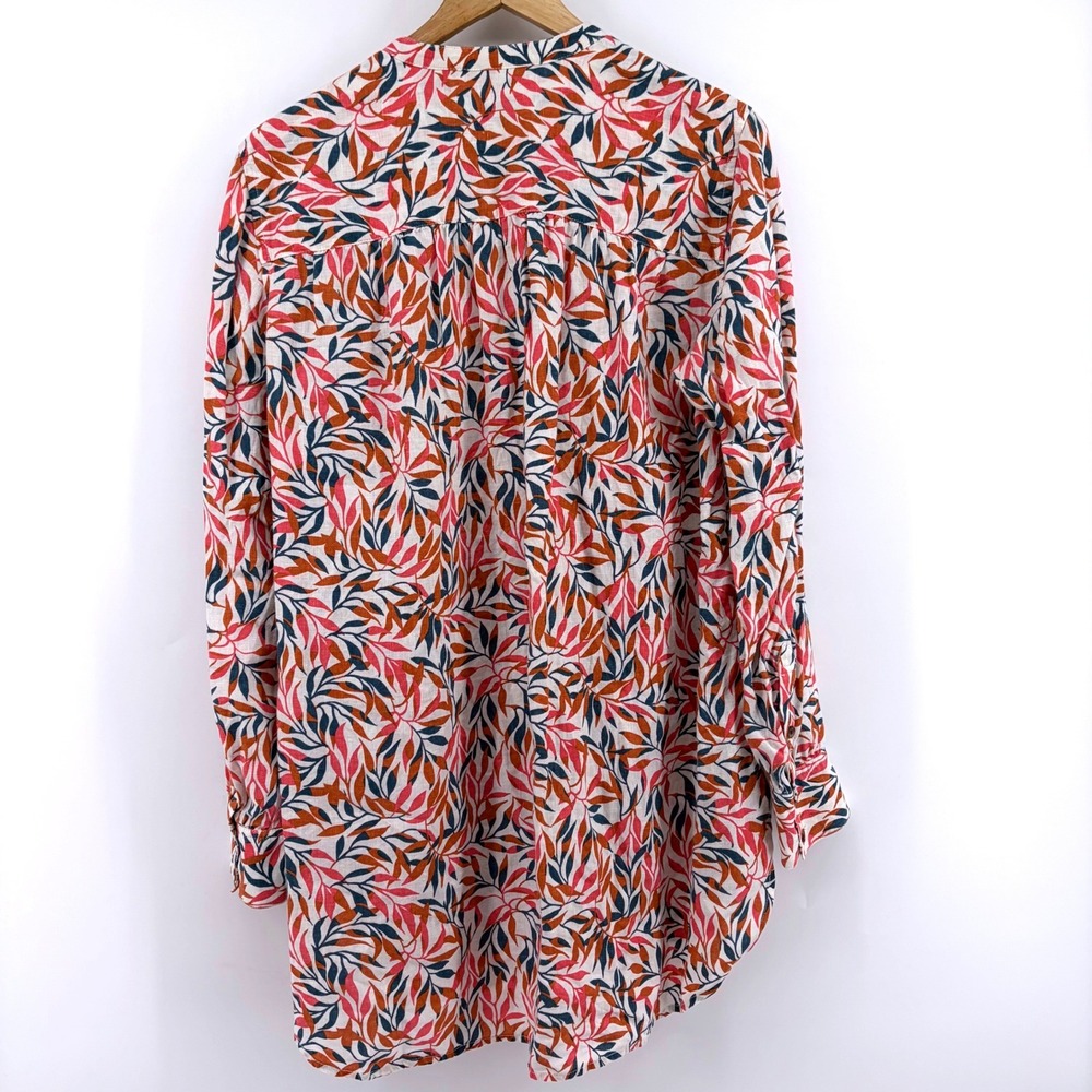 Lands End Womens 100% Linen Band Collar Leaf Print Lg Sleeve Tunic Shirt M 10-12 - Picture 3 of 10